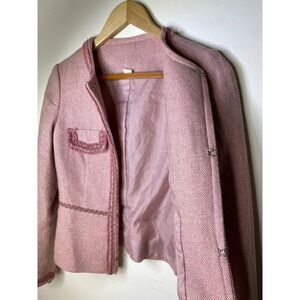 VTG Chic Pink Tweed Collarless Jacket Blazer Women Embellished Trim lined nice!